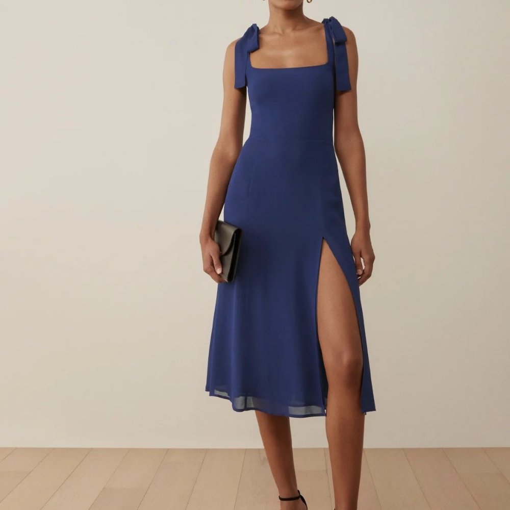 Reformation Navy Blue Midi Dress with Side Slit